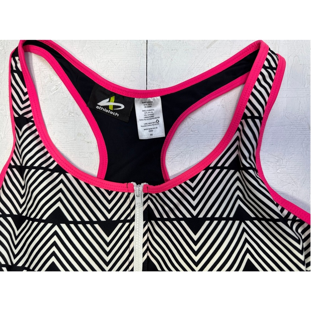 Athletech Womens One Piece Swimsuit Size 14 Black White Chevron Pink Zip